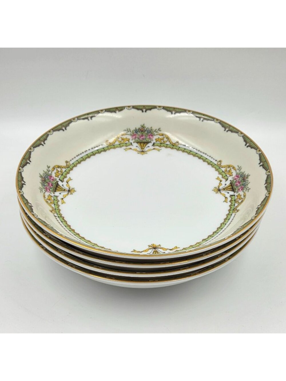 Noritake Penelope Set of 4 Coupe Soup Bowl Green Border Pink Roses Urn Gold Trim - Picture 1 of 4